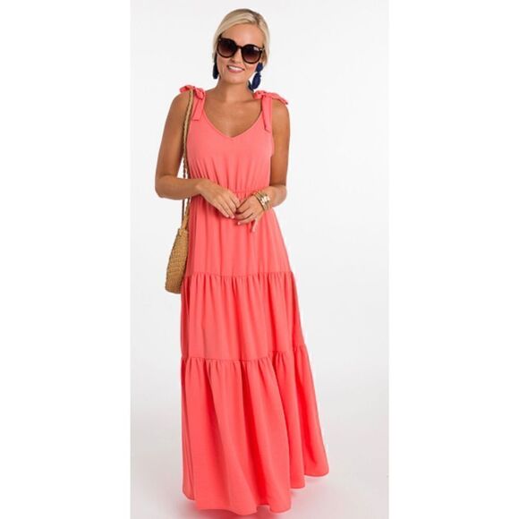 Everly Tiered Tie Strap Dress Coral Size Small - Picture 2 of 13